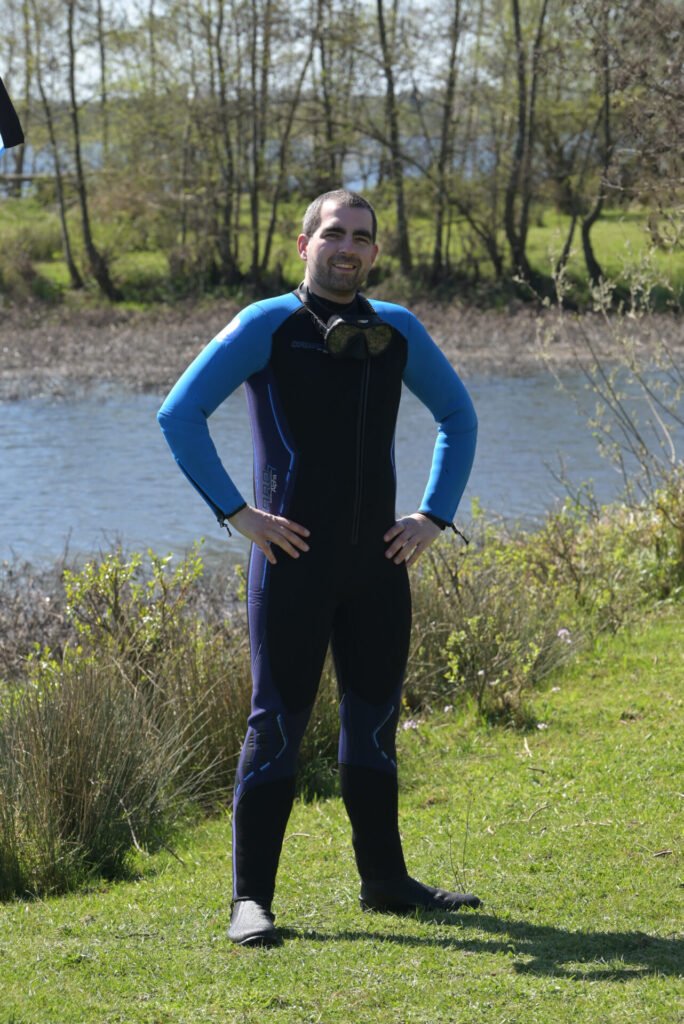 Rick wearing a Camaro wetsuit and scuba mask